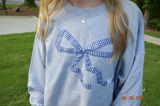 Blue Gingham Bow Grey Crewneck
