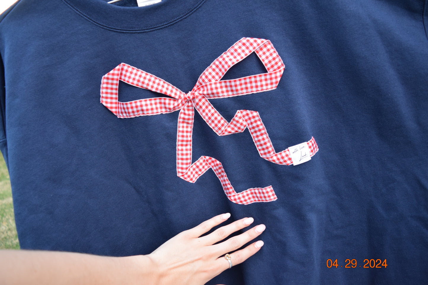 Gingham Bow Navy Crewneck