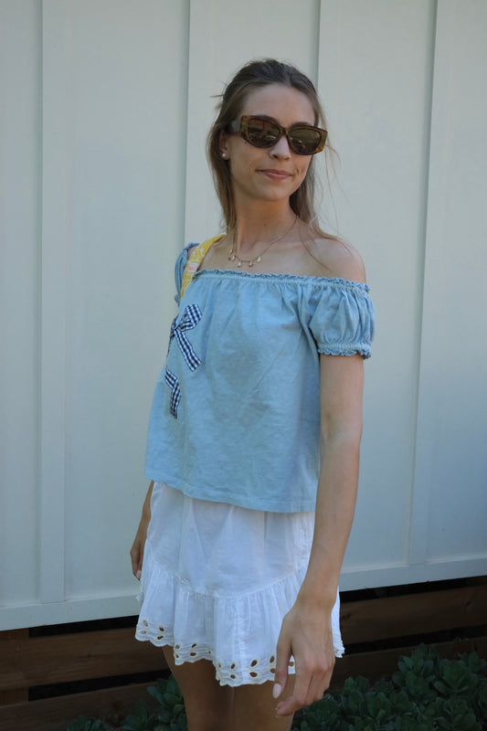 Teal Bow Off the Shoulder Top
