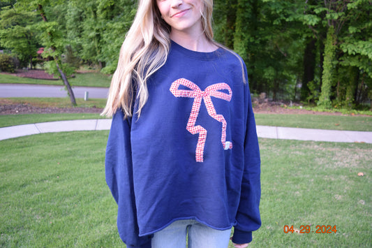 Gingham Red Bow Navy Crewneck