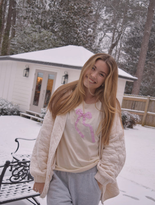 Cream Pink Bow Tee