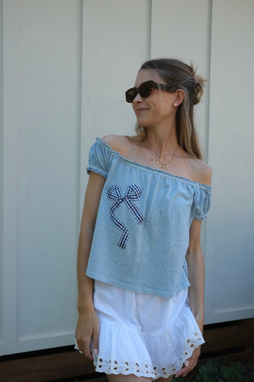 Teal Bow Off the Shoulder Top
