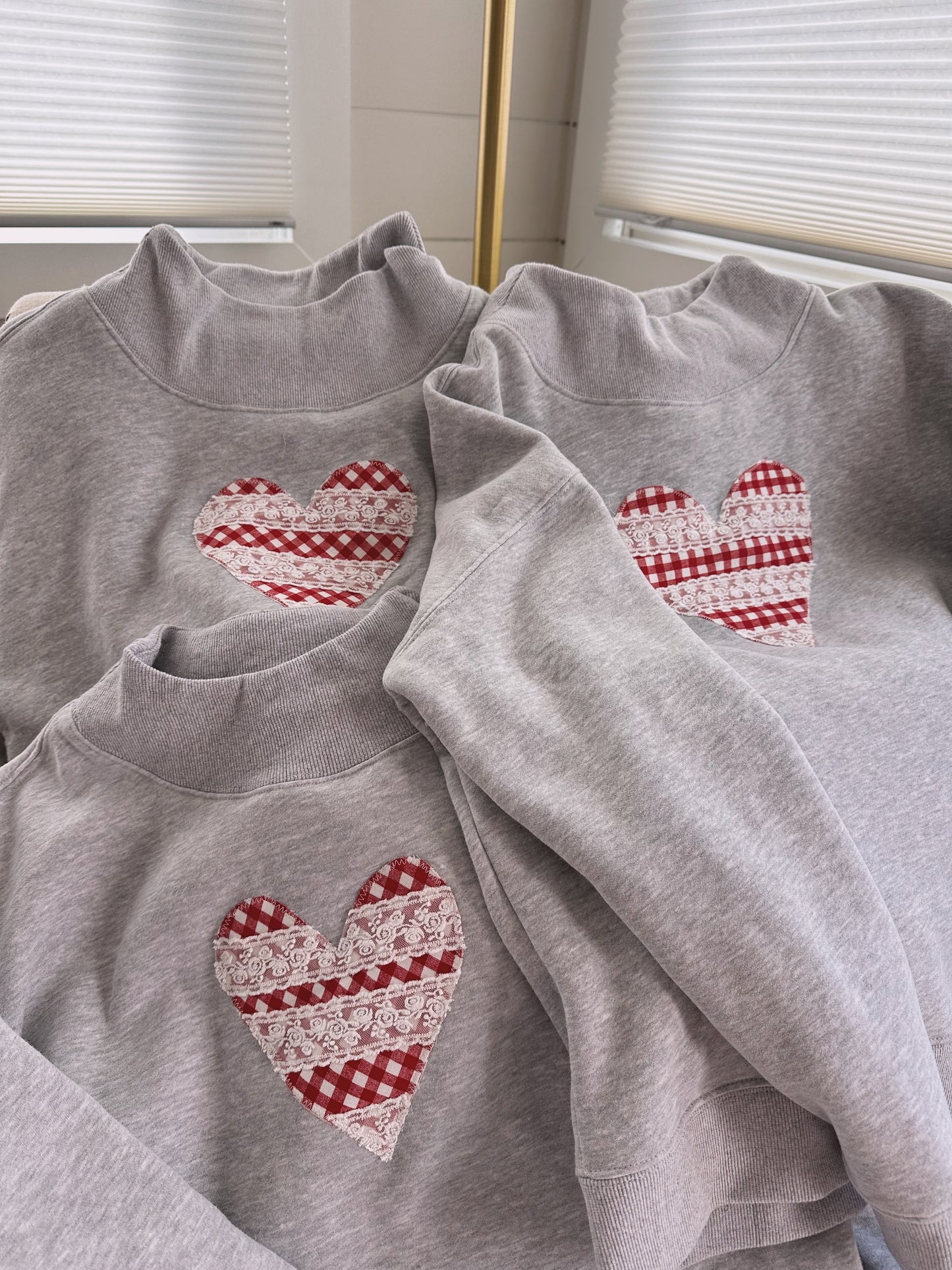 Grey Gingham Heart Mock Neck