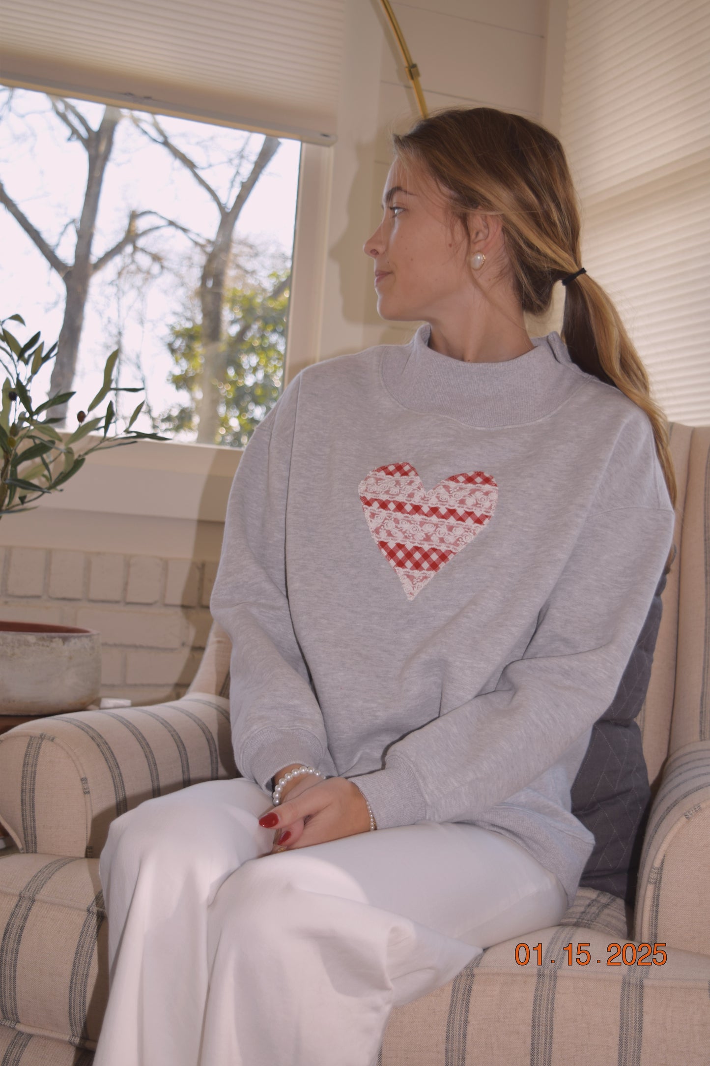 Grey Gingham Heart Mock Neck