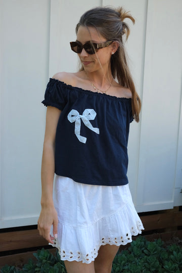 Navy Bow Off the Shoulder Top