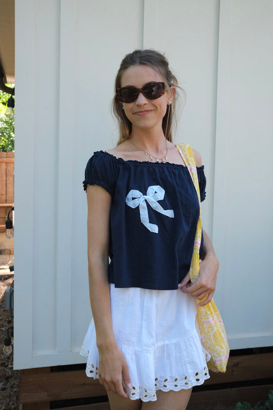 Navy Bow Off the Shoulder Top