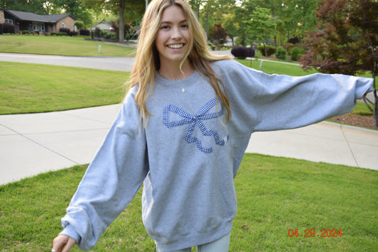 Blue Gingham Bow Grey Crewneck