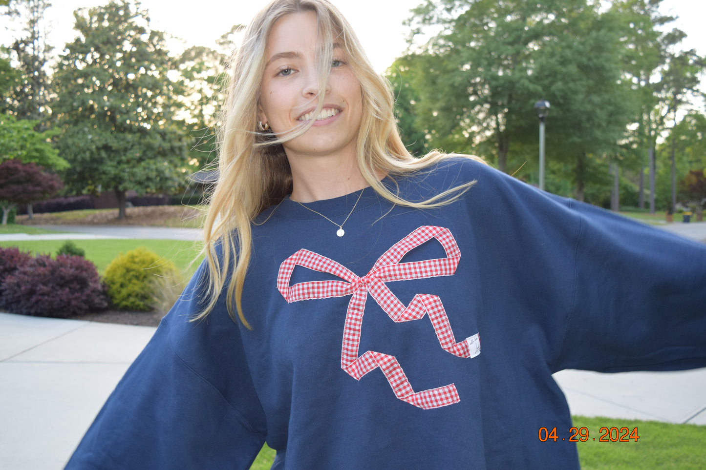 Gingham Bow Navy Crewneck