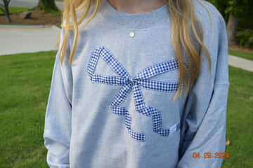 Blue Gingham Bow Grey Crewneck