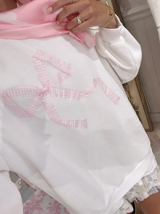 Pink Gingham Bow Crewneck