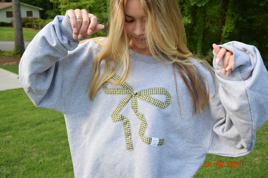 Gingham Green Bow Grey Crewneck