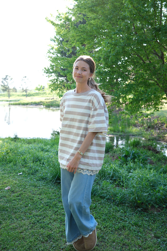 The Striped Everyday Lace Tshirt Dress in Tan
