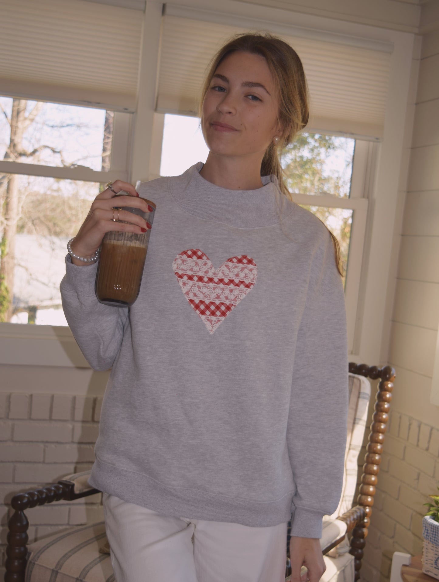 Grey Gingham Heart Mock Neck