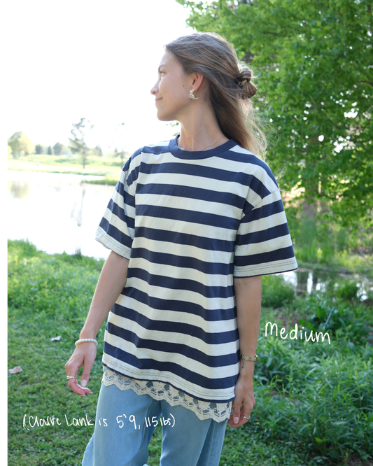The Striped Everyday Lace Tshirt Dress in Navy