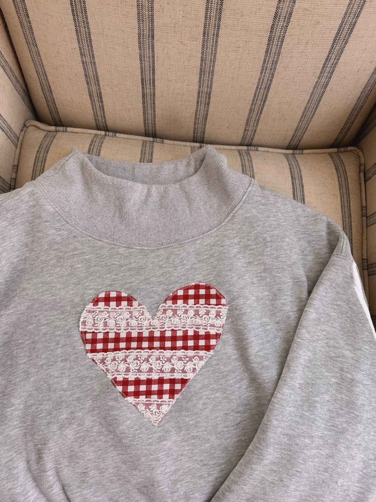 Grey Gingham Heart Mock Neck