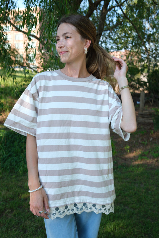 The Striped Everyday Lace Tshirt Dress in Tan