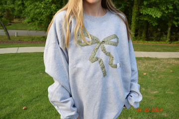 Gingham Green Bow Grey Crewneck