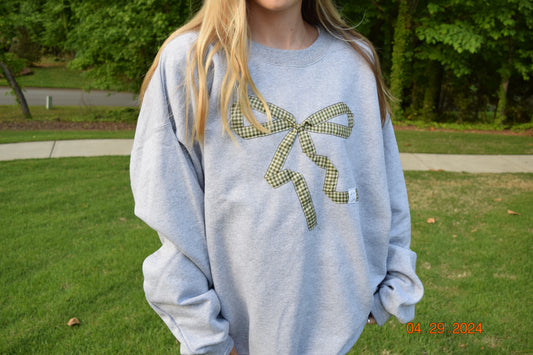 Gingham Green Bow Grey Crewneck