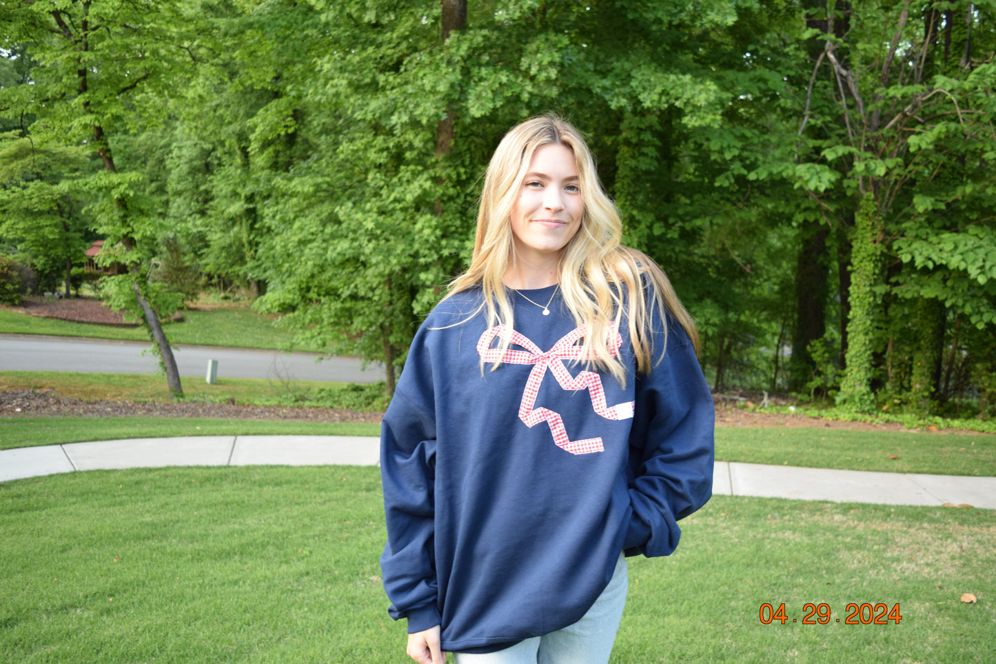 Gingham Bow Navy Crewneck