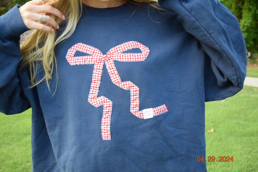 Gingham Red Bow Navy Crewneck
